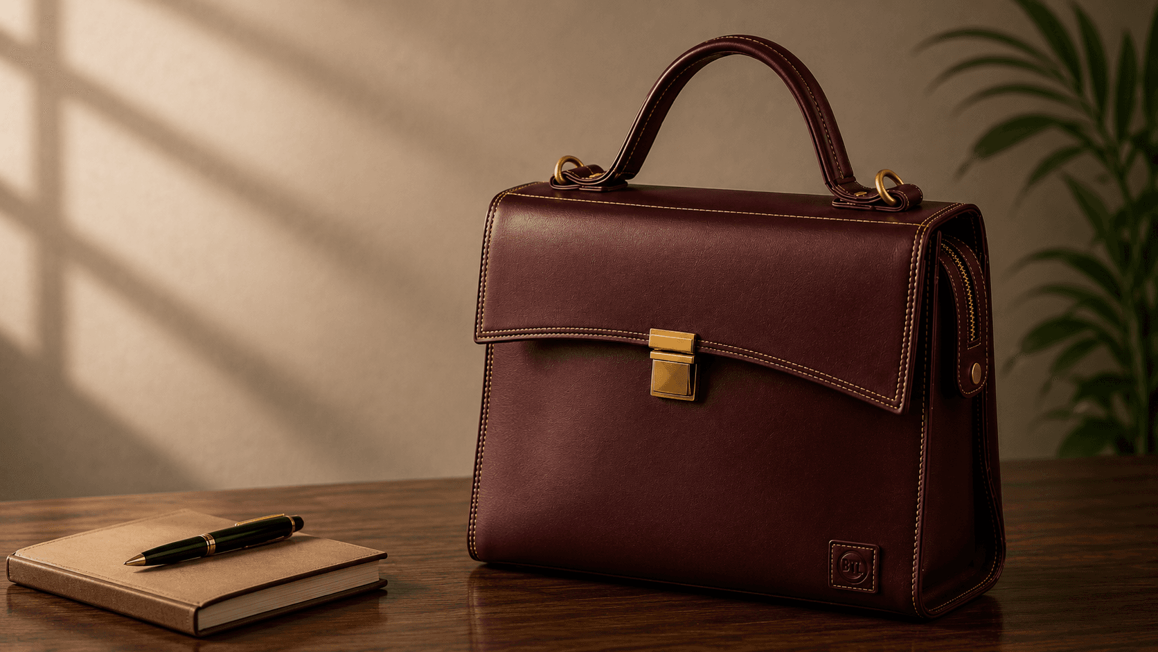 Burgundy leather executive bag on a wooden desk