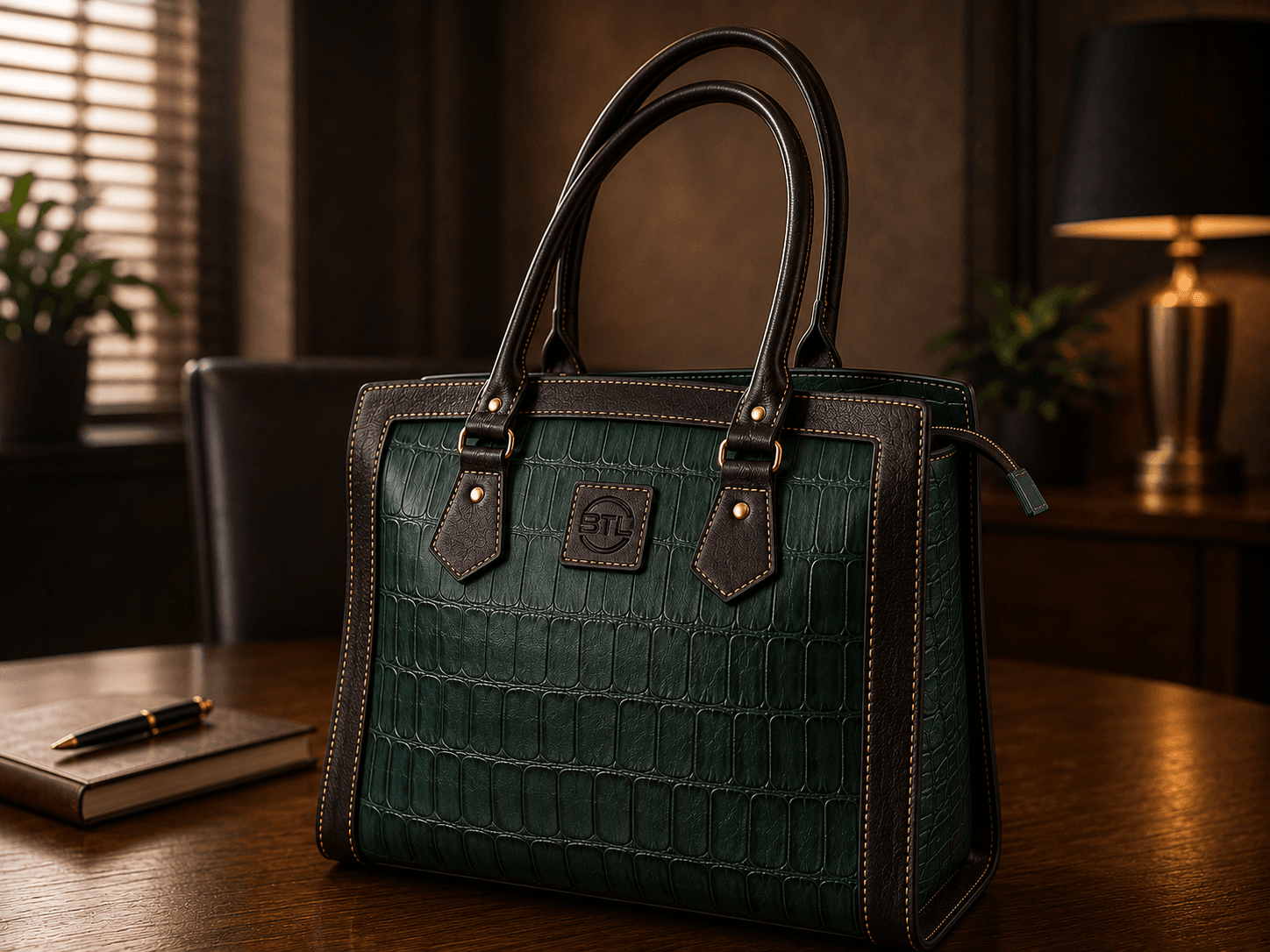 Green leather tote on a polished desk